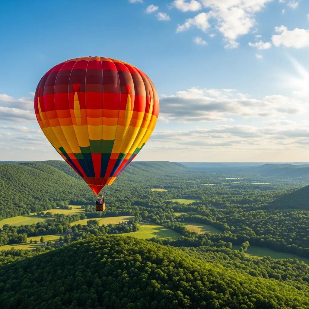 Colorful hot air balloon flying over the scenic Hudson Valley landscape